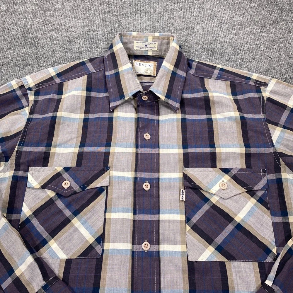 Vintage Levi's Button‎ Down Shirt Mens Medium Gray Blue Plaid Long Sleeve